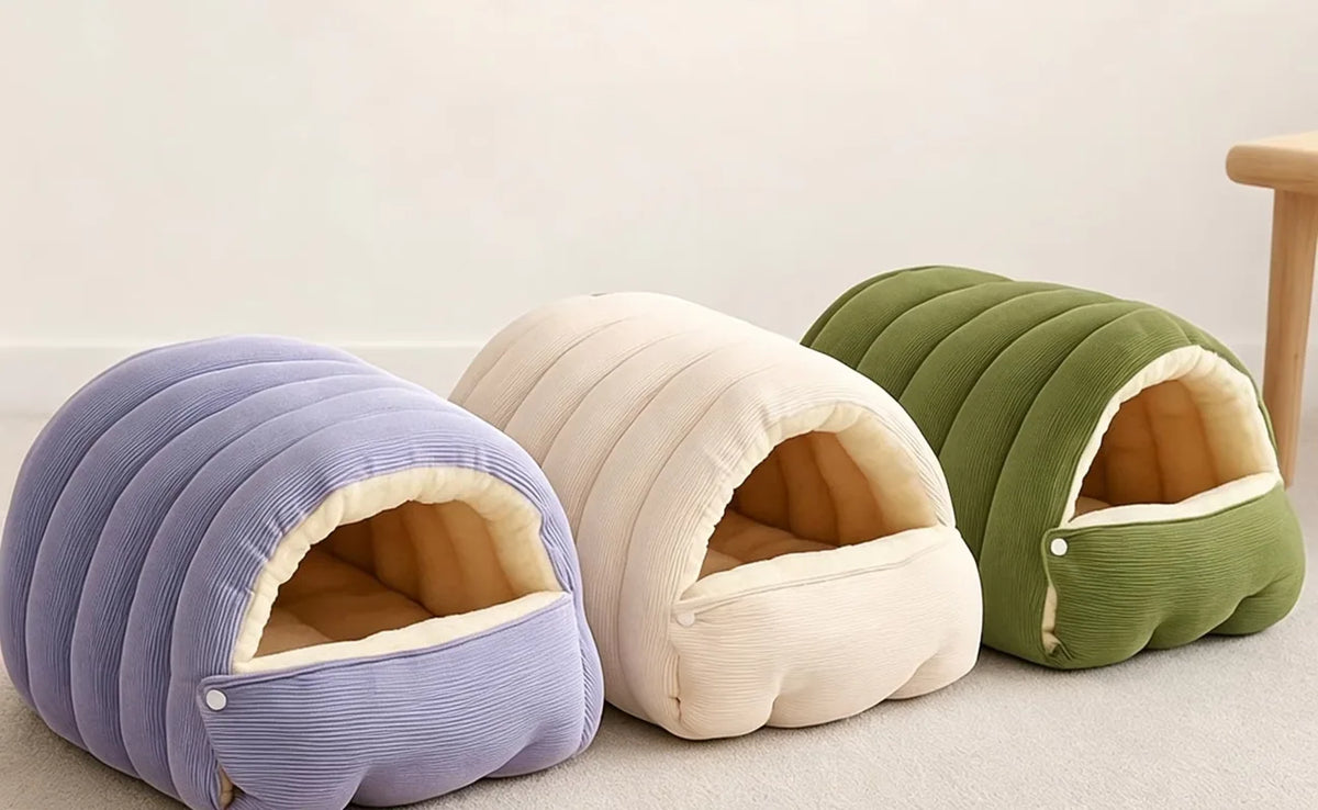 Pawxify CozyNest pet beds in lavender, cream beige and olive green